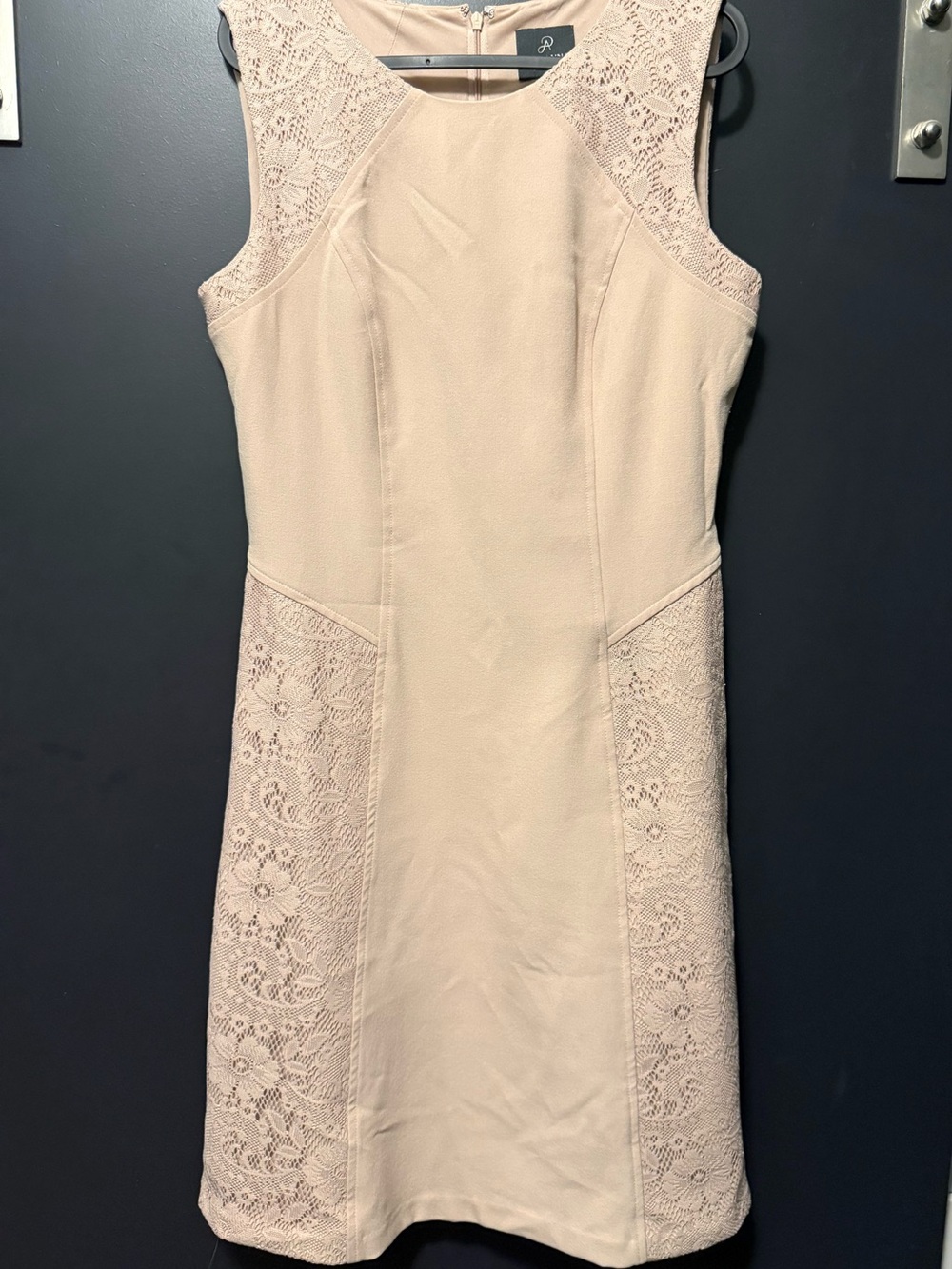 Adrianna Papell Beige Lace-Panel Sleeveless Midi Sheath Dress